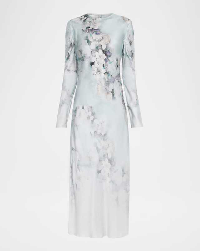 Degrade Floral Print Washed Satin Long-Sleeve Gown